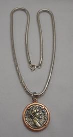 Zilveren grove slangen ketting met munt hanger nr.484, Sieraden, Tassen en Uiterlijk, Kettingen, Met hanger, Verzenden, Zo goed als nieuw