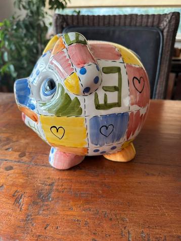 Keramische Spaarpot Varken Patchwork Design Handbeschilderd beschikbaar voor biedingen