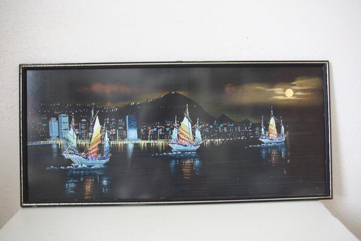 Vintage zijden schilderij met Chinese jonken., Antiek en Kunst, Kunst | Niet-Westerse kunst, Ophalen of Verzenden