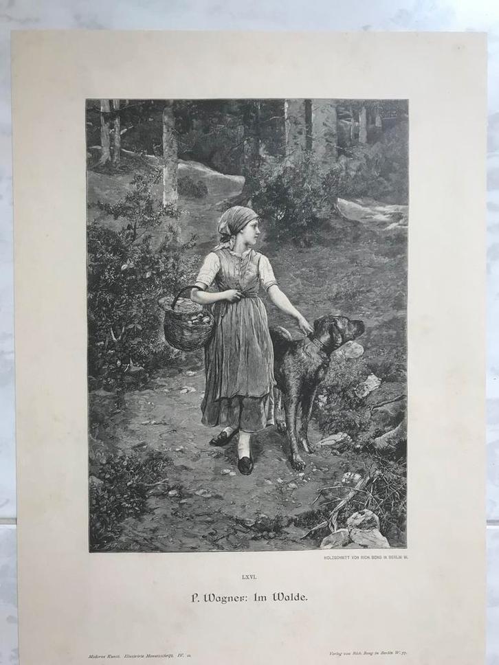 Paul Wagner: Im Walde, 1890, or. gravure, 25x17cm., mooi!, Antiek en Kunst, Kunst | Etsen en Gravures, Ophalen of Verzenden