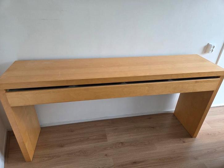 Houten (make-up)tafel met lade en vakken., Huis en Inrichting, Tafels | Sidetables, Gebruikt, 25 tot 50 cm, 150 tot 200 cm, Rechthoekig
