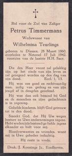 Timmermans Petrus 1860 Diessen 1942 Netersel, Ophalen of Verzenden, Bidprentje