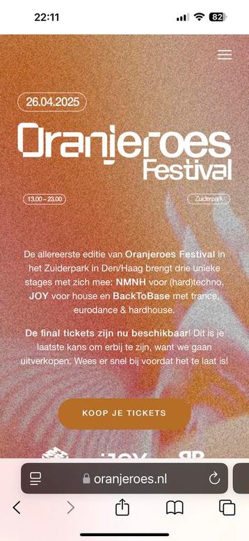 Oranjeroes | 1 ticket | 26 april beschikbaar voor biedingen