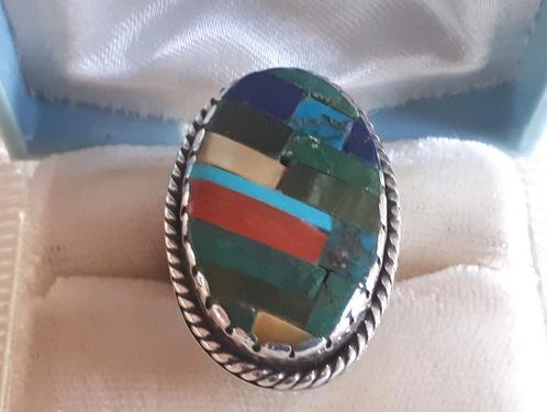 Vint. Mexico Zilver Ring m.Turkoois,Koraal,Lapis + Verzenden, Sieraden, Tassen en Uiterlijk, Antieke sieraden, Ring, Zilver, Met edelsteen