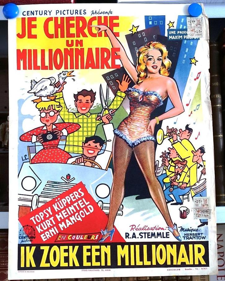 Filmposter Je cherche un millionnaire / Ik zoek millionair, Verzamelen, Posters, Gebruikt, Film en Tv, A1 t/m A3, Ophalen of Verzenden