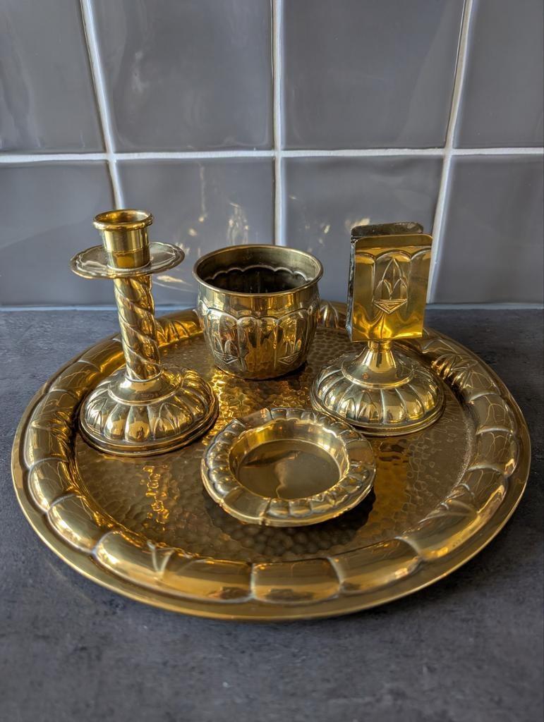 Koperen Rookstel met Kandelaar en Asbak, Antiek en Kunst, Antiek | Koper en Brons, Koper, Ophalen