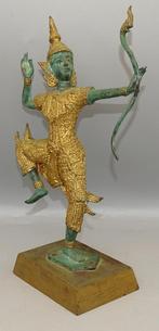 Thais Brons Krijger Phra Ram Rama Boogschutter Houten Sokkel, Antiek en Kunst, Ophalen of Verzenden