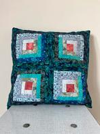 Vintage patchwork/quilt kussen,35,5x35,5cm. Boho batik print, Verzenden, Gebruikt, Blauw, Vierkant