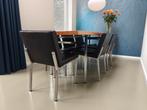 Zwart leren vintage design eetkamerstoelen, set van 6, Ophalen, Gebruikt, Zwart, Metaal