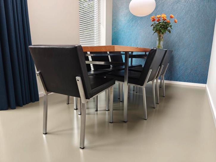 Zwart leren vintage design eetkamerstoelen, set van 6, Huis en Inrichting, Stoelen, Gebruikt, Vijf, Zes of meer stoelen, Leer