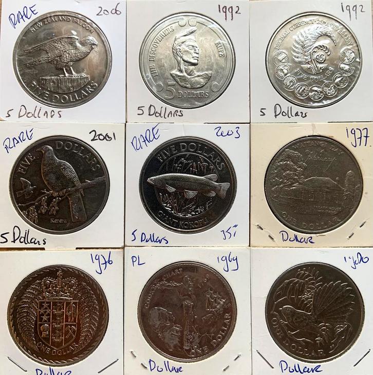 Nieuw Zeeland 5x 5 en 4x 1 Dollar 1969/2006 waarbij zeldzaam, Postzegels en Munten, Munten en Bankbiljetten | Verzamelingen, Munten
