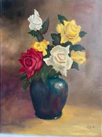 Vintage schilderij vaas met rozen, Ophalen of Verzenden