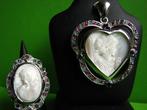 Prachtige Grote Zilveren Camee Set met Robijn en Smaragd, Verzenden, Zilver, Hanger, Met edelsteen
