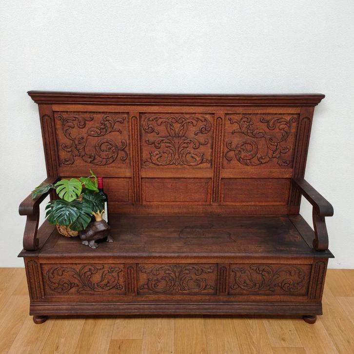 Antieke eikenhouten kerkbank, halbank, bank, klepbank 102, Antiek en Kunst, Antiek | Meubels | Stoelen en Banken, Ophalen of Verzenden