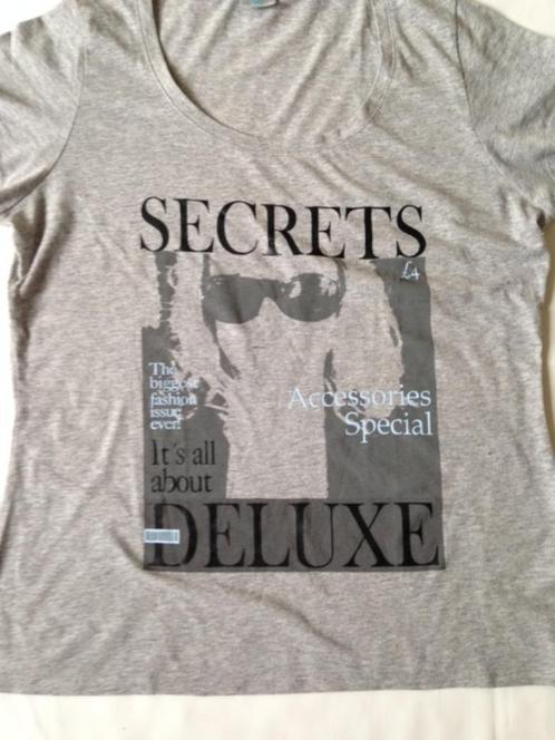 Grijs shirtje met print “Secrets” er op, maat M, korte mouw, Kleding | Dames, T-shirts, Gedragen, Maat 38/40 (M), Grijs, Korte mouw