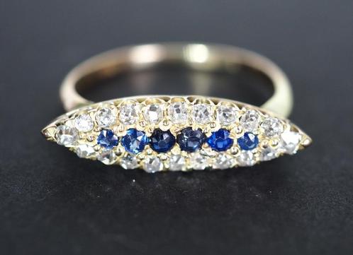 14 krt gouden ring met bolsjewiek diamanten en blauwe topaas, Sieraden, Tassen en Uiterlijk, Antieke sieraden, Ring, Goud, Met edelsteen