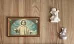 Brocante prent & beeldje Kindje Jezus en wijwatervaatje, Antiek en Kunst, Curiosa en Brocante, Ophalen of Verzenden