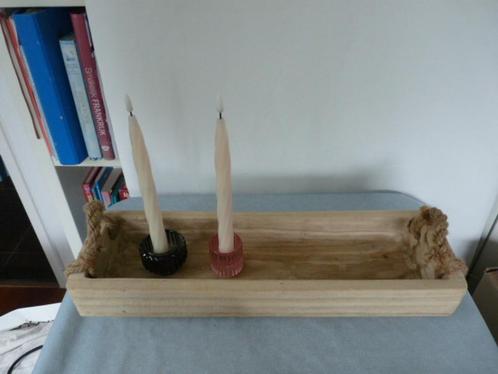 Trendy langwerpig houten dienblad met 2 kandelaars, Huis en Inrichting, Woonaccessoires | Overige, Zo goed als nieuw, Ophalen of Verzenden