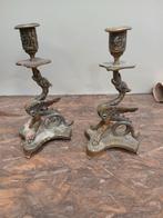 Oude kandelaars met draken, 25 cm hoog, Ophalen of Verzenden, Koper of Brons