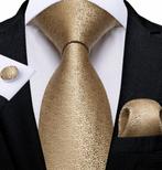 Stropdas Pochet Manchetknopen 100% zijde Goud design -NIEUW-, Ophalen of Verzenden, Nieuw, Overige kleuren, Effen