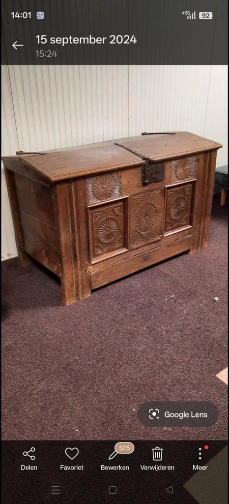 Aangeboden Antieke Grote Eikenhouten Dekenkist, Antiek en Kunst, Antiek | Meubels | Tafels, Ophalen