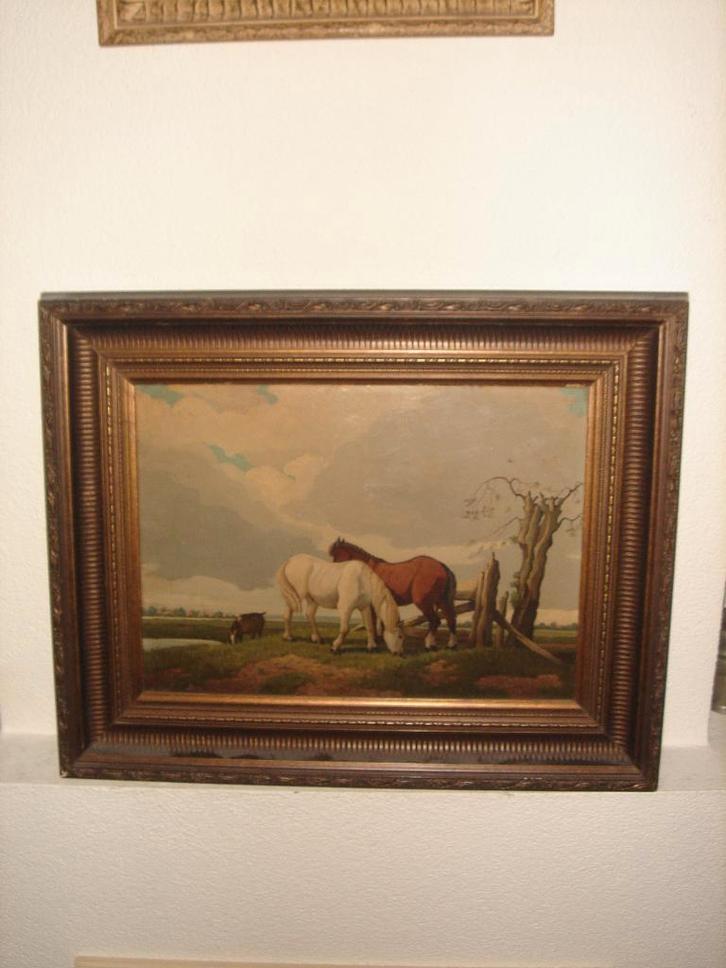 Antique oil painting - Landscape with horses - is signed., Antiek en Kunst, Kunst | Schilderijen | Klassiek, Ophalen of Verzenden