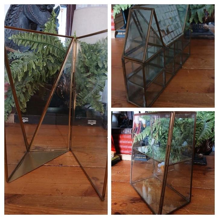 Vintage messing glazen vitrine kastje hoekkastje box, Antiek en Kunst, Curiosa en Brocante, Ophalen of Verzenden