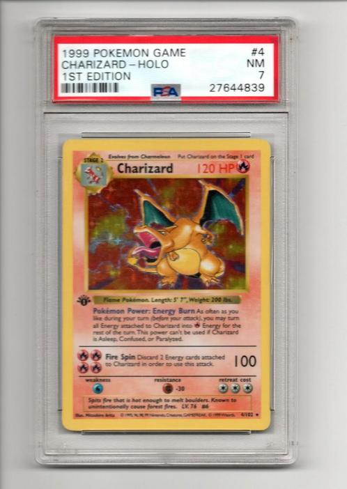 Charizard 1st Edition Psa 7 Base set, Hobby en Vrije tijd, Verzamelkaartspellen | Pokémon, Zo goed als nieuw, Losse kaart, Ophalen