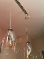 Dubbele glazen hanglamp met industriële look, Ophalen, Gebruikt, Glas, 75 cm of meer