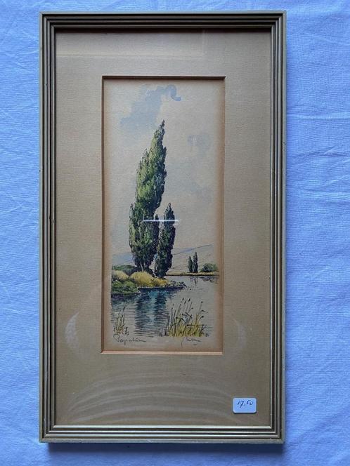 Aquarel - Rivier in berglandschap met populieren, Antiek en Kunst, Kunst | Schilderijen | Klassiek, Ophalen of Verzenden