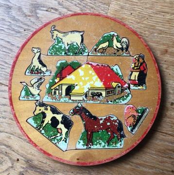 Vintage ronde houten puzzel boerderij jaren ‘50 beschikbaar voor biedingen
