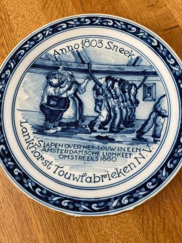 Vintage Delfstblauw bord met afbeelding Lankhorst touwfabrie beschikbaar voor biedingen