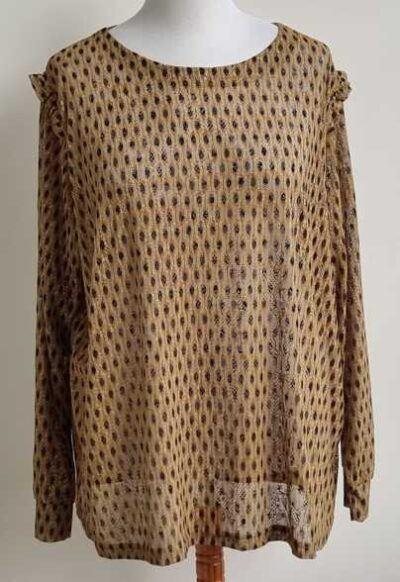 Norah oker/bruin shirt met zwarte print mt. 48, Kleding | Dames, T-shirts, Zo goed als nieuw, Maat 46/48 (XL) of groter, Bruin