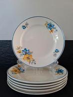 6 Crèmekleurige aardewerk ontbijtborden met blauw-gele bloem, Ophalen of Verzenden, Zo goed als nieuw, Bord(en), Overige stijlen