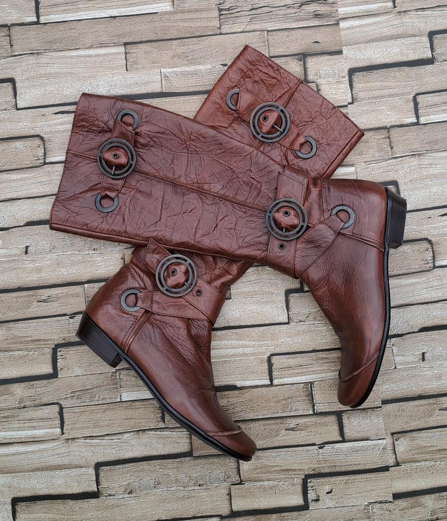 SPIRAL - als nieuw Aparte Hoge Lederen Laarzen, maat 38, Kleding | Dames, Schoenen, Hoge laarzen, Spiral, Bruin, Verzenden