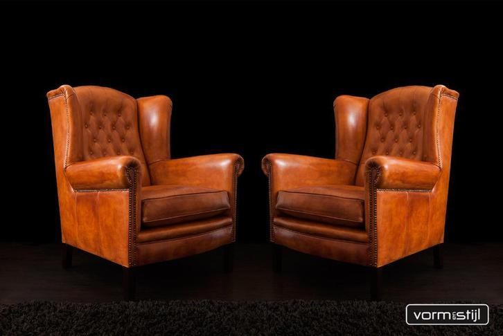 Chesterfield XL wingchair/oorfauteuil in schapenleer, Huis en Inrichting, Fauteuils, Nieuw, Leer, 75 tot 100 cm, 75 tot 100 cm