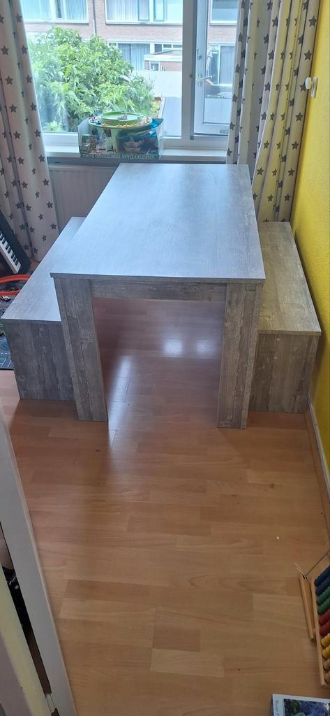 Tafel met 2 banken, Huis en Inrichting, Tafels | Eettafels, Gebruikt, 50 tot 100 cm, 150 tot 200 cm, Vijf personen of meer, Rechthoekig