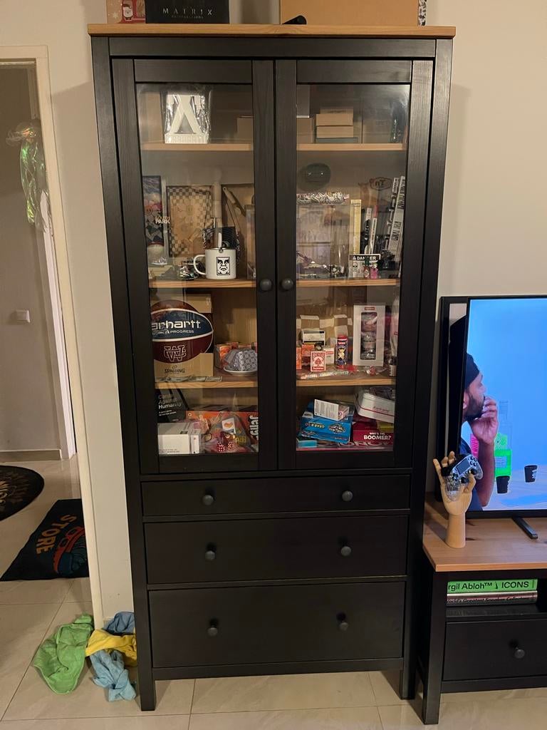 3 piece SET Zwarte kast met glazen deuren en tv-meubel, Ophalen, Gebruikt, 50 tot 100 cm, 150 tot 200 cm