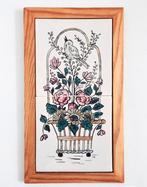 Vintage tegel tableau tegels vogel mand bloemen lijst hout, Ophalen, Gebruikt