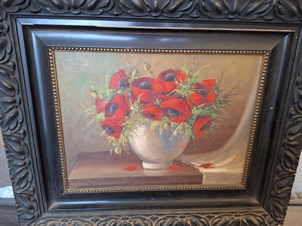 Schilderij klaprozen in vaas, Ophalen of Verzenden