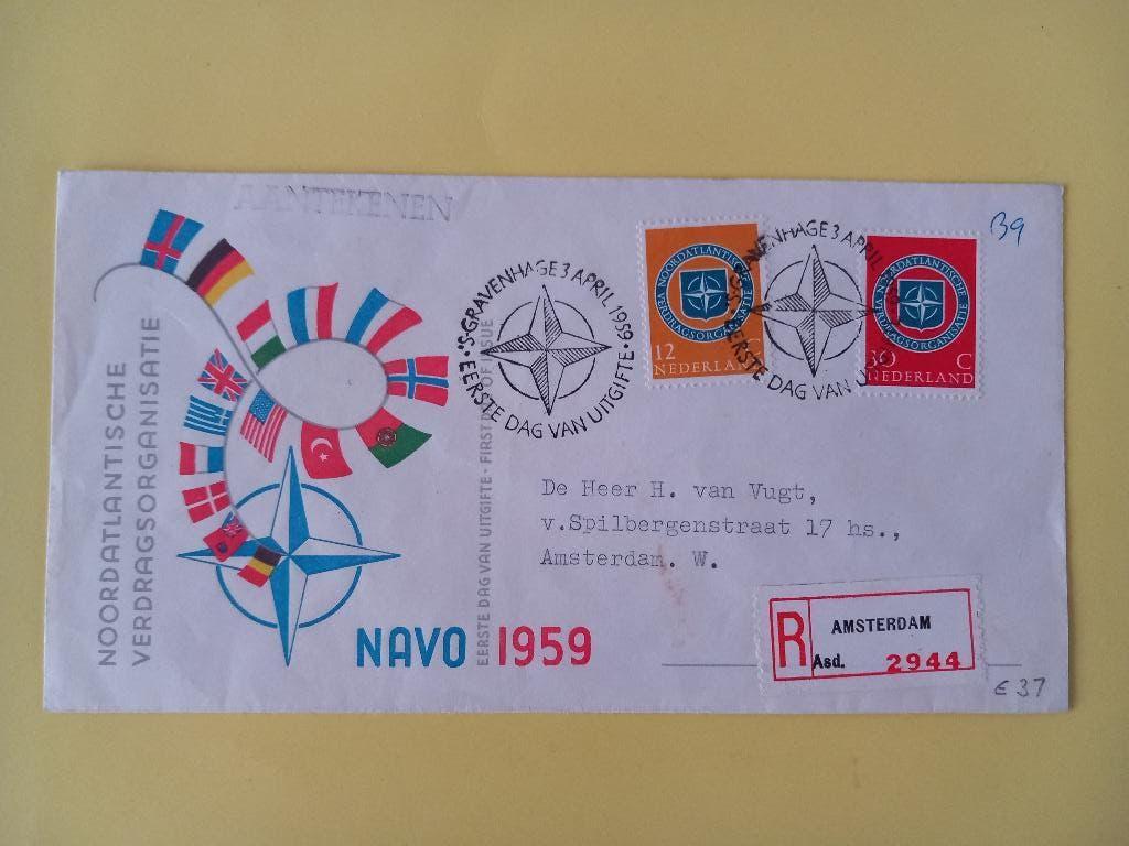 1959 NAVO FDC E37 met open klep e1, Postzegels en Munten, Verzenden, Beschreven, Nederland