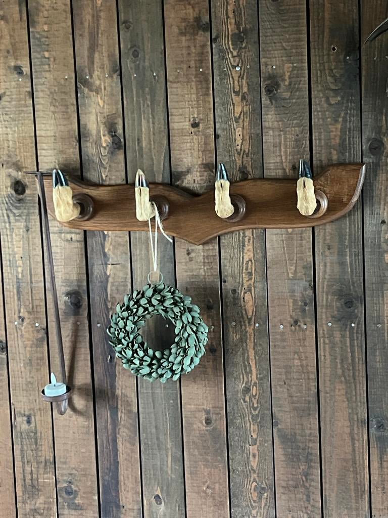 Unieke houten wandkapstok met geweihaken, Verzamelen, Dierenverzamelingen, Ophalen of Verzenden, Zo goed als nieuw, Hert, Opgezet dier