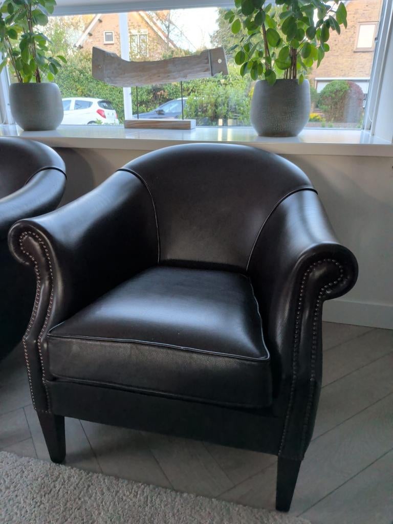 Chesterfield stoel, zwart leer, 80x80x80 cm, Gebruikt, Zwart, Chesterfield, Leer