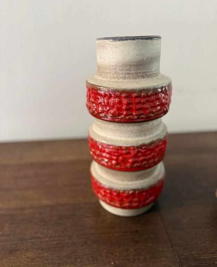 Vintage West-Duitse Fat Lava Vaas - Rood & Wit Keramiek, Antiek en Kunst, Antiek | Vazen, Ophalen of Verzenden