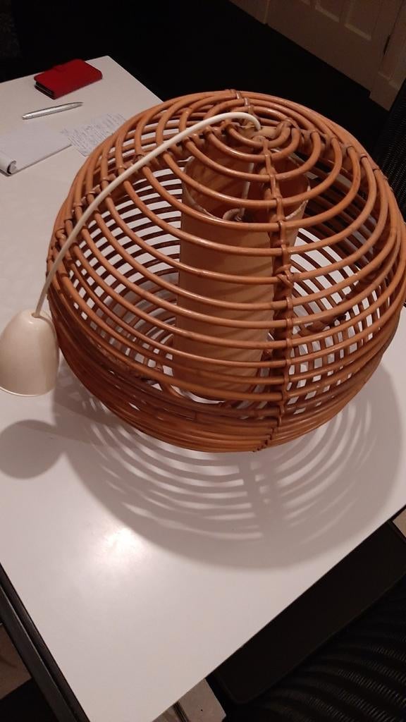 Unieke ronde rotan bamboe hanglamp, vintage, jaren 60 70, Ophalen, Gebruikt, Minder dan 50 cm, Hout