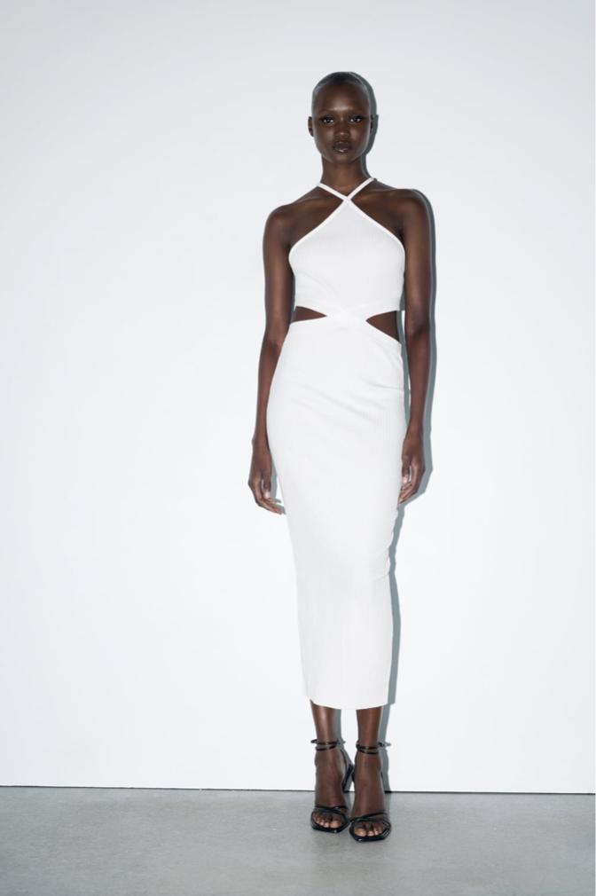 Dames Zara halter jurk met cut out en accent en rib wit M, Maat 38/40 (M), Nieuw, Ophalen of Verzenden, Onder de knie