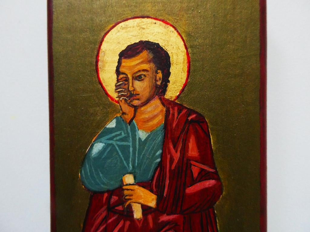 Icoon Heilige met perkamentrol handbeschilderd, Ophalen of Verzenden