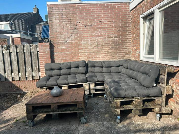 Palletbank loungeset compleet, Tuin en Terras, Tuinbanken, Gebruikt, Hout, Ophalen
