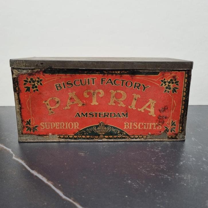 Vintage Patria Amsterdam Noodrantsoen blik., Verzamelen, Blikken, Gebruikt, Koek(jes), Overige merken, Ophalen of Verzenden