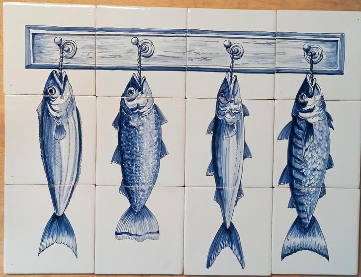 vissen op 12 Friese witjes, handgemaakt, origineel, Doe-het-zelf en Verbouw, Tegels, Wandtegels, Overige materialen, Minder dan 20 cm